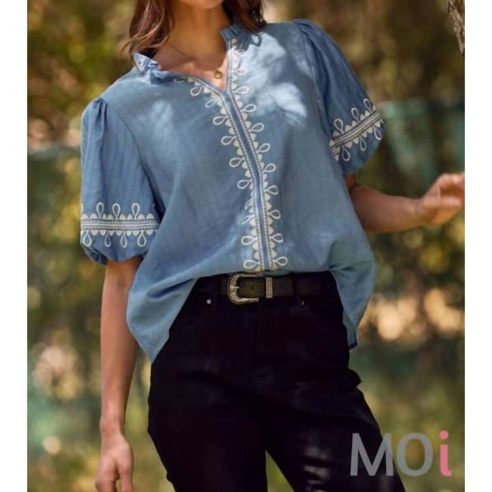 NEW ODDI solid embroidered short bubble sleeve blouse in blue